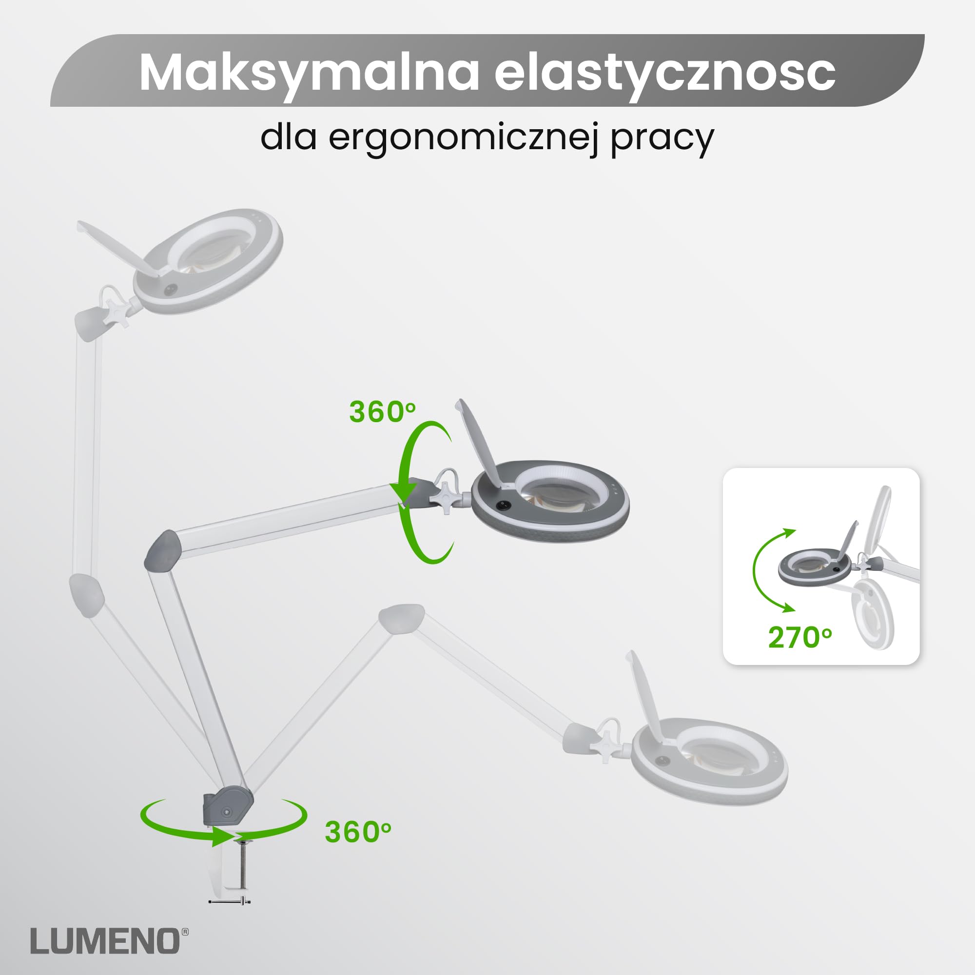 Lumeno 8213GR Lampa powiększająca LED Lampa do pracy Lampa kosmetyczna, regulowane poziomy jasności, krystalicznie czysta szklana soczewka 127 mm, pomoc w czytaniu/lupa, 3 dioptrie