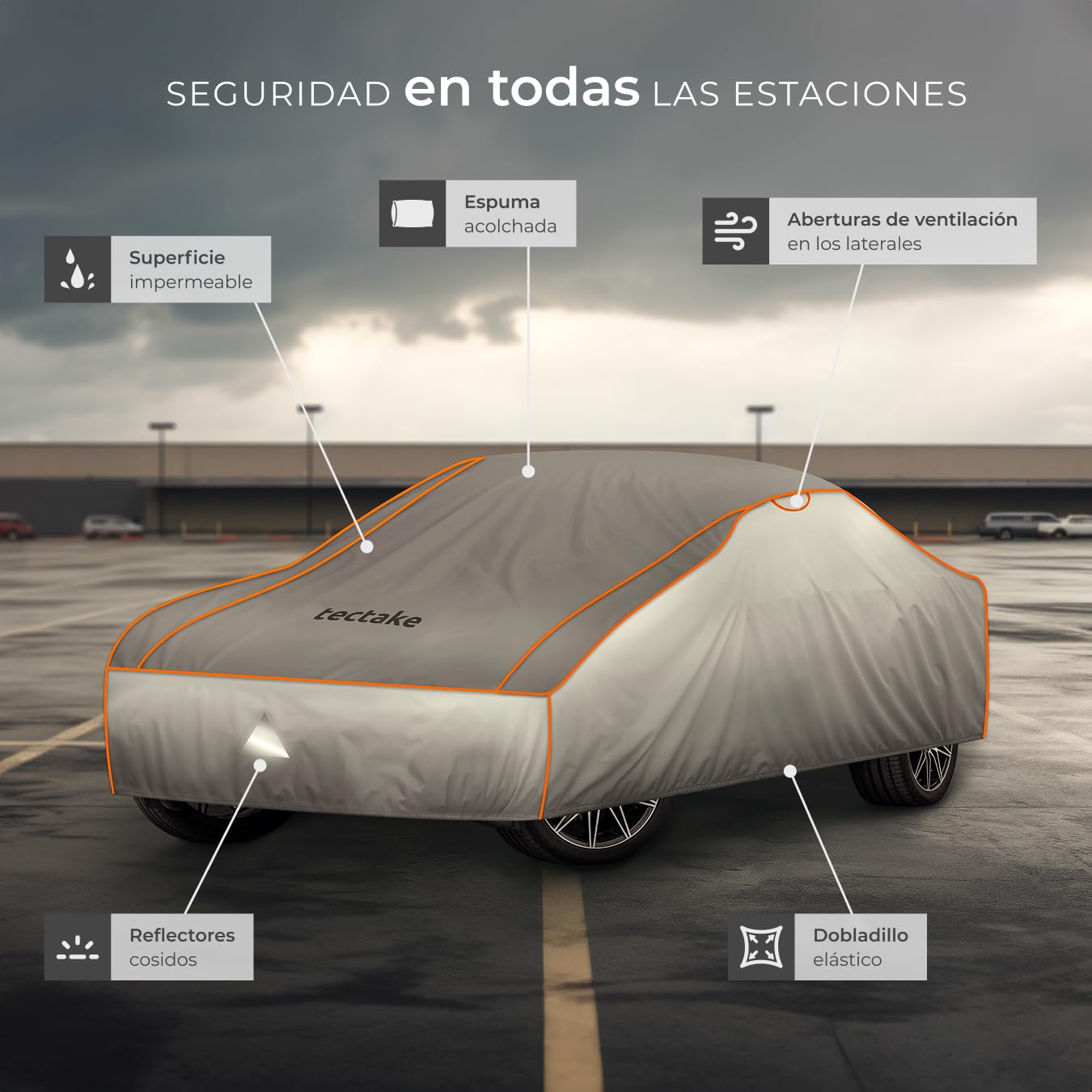 tectake® Funda para Coche Exterior, Impermeable y Transpirable, Lona para Coche Antigranizo, con Reflectores y Bolsa de Almacenamiento, Compatible con Muchos Modelos - tamaño L