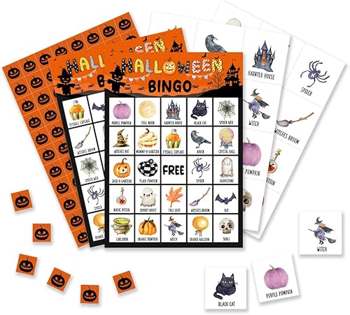 Tarjetas de bingo de Halloween, juegos de bingo de Halloween para 24 jugadores, juegos de Halloween para familiares y amigos, escuela, aula,