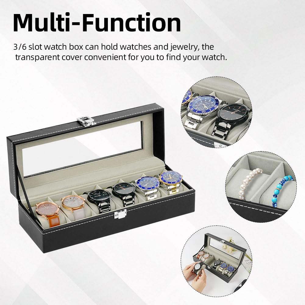 OFFCUP Caja de Relojes con 6 Compartimentos, Piel, Tapa de Cristal y Cojín Extraíble, Regalo para Hombres y Mujeres (Negra)