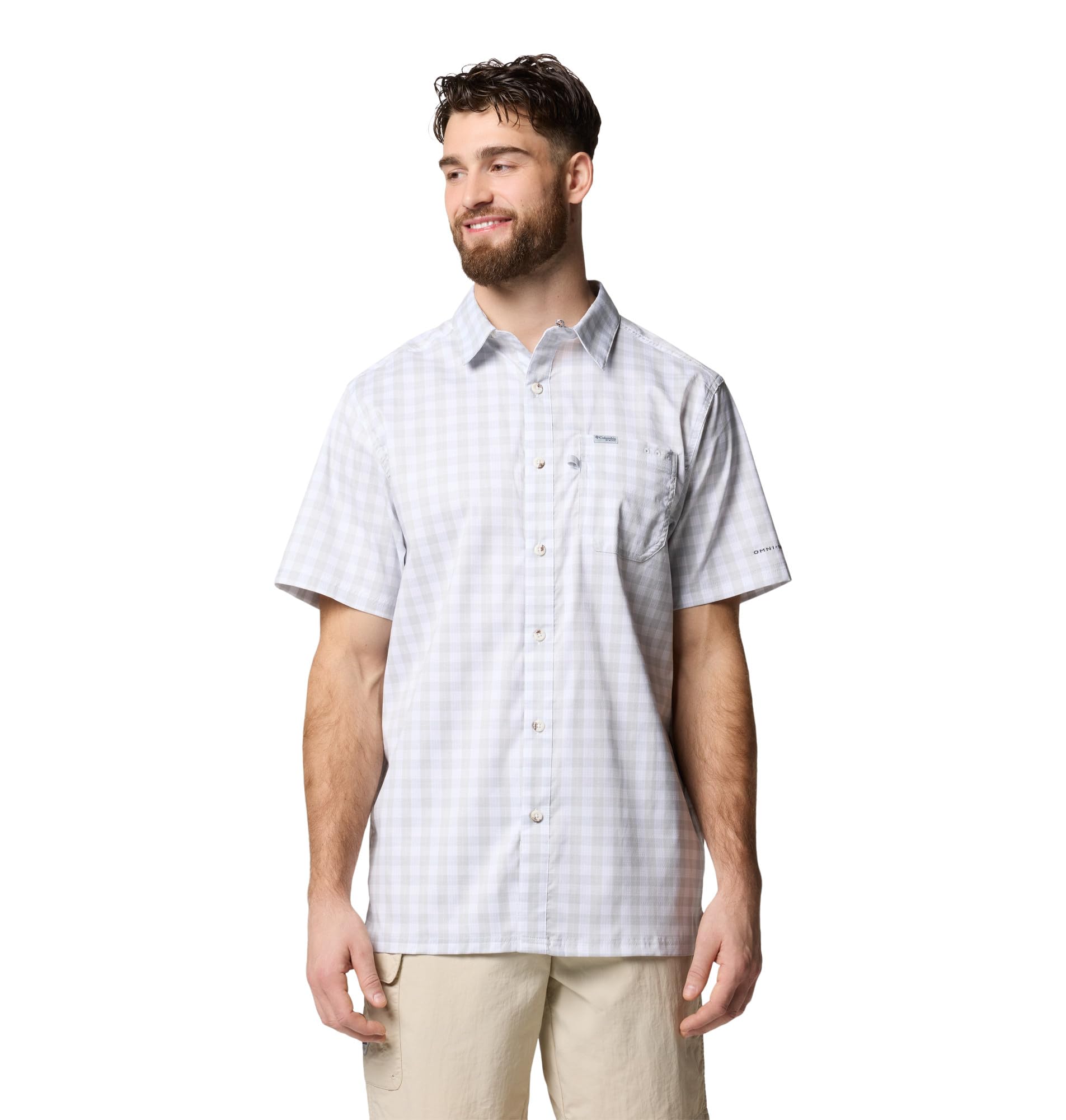 Columbia Men's Cool Grey Palaka Grid Super Slack Tide™ Camp Shirt, Large