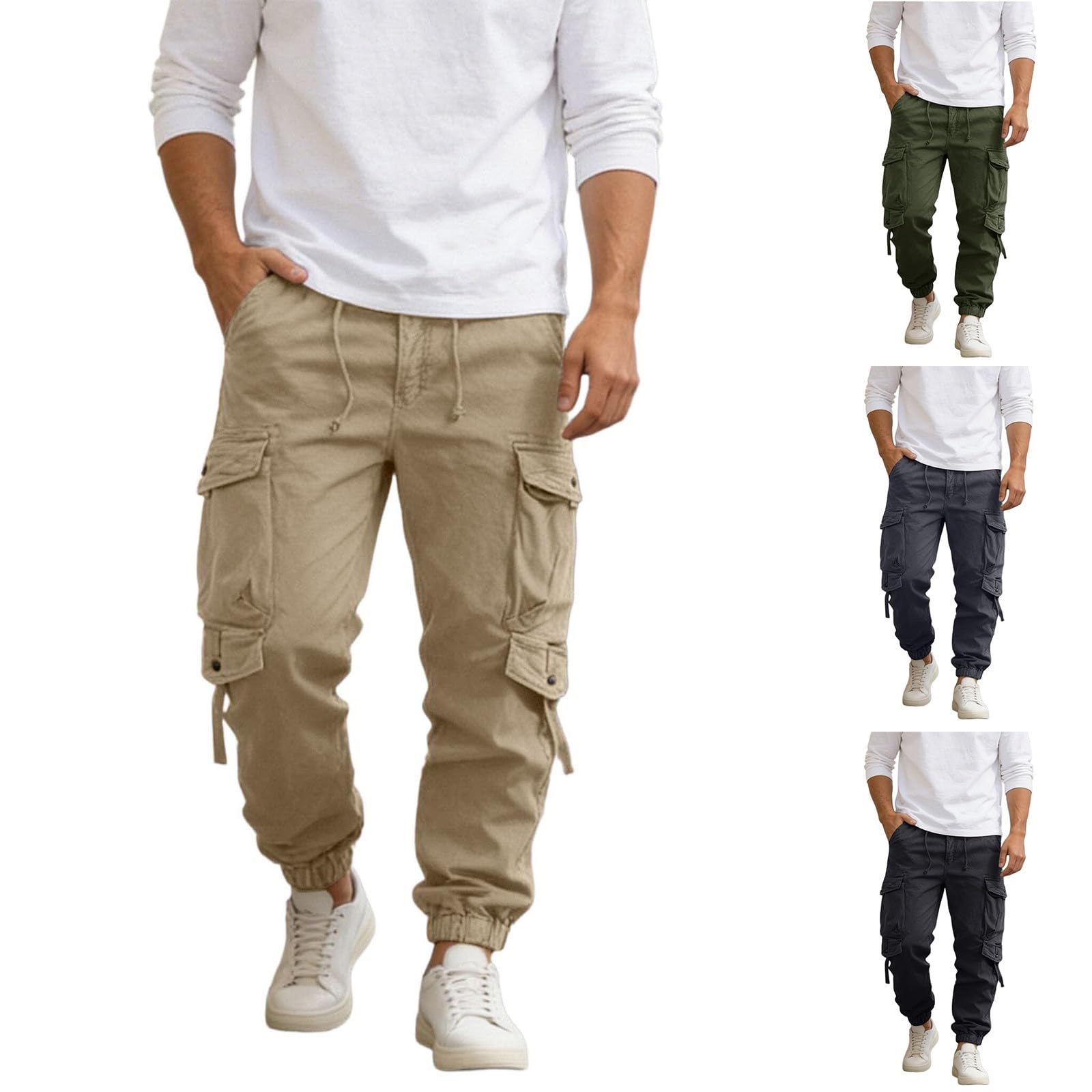 Cargohose für Herren, klassisch, mehrere Taschen, pflegeleicht, Arbeitshose, Kordelzug, erweiterbare Taille, Wandern, Kampf, Arbeit, Utility, Cargohose, langlebig, strapazierfähig, elastischer Saum