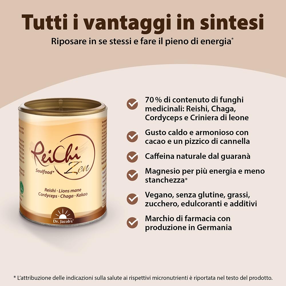 ReiChi Zen I 70% di funghi pregiati: Reishi, Chaga, Cordyceps, “Criniera di leone” I Caffè ai funghi I Caffeina dal guaranà I Magnesio per i nervi e la psiche* I vegano, senza additivi I 150 g, 30 taz