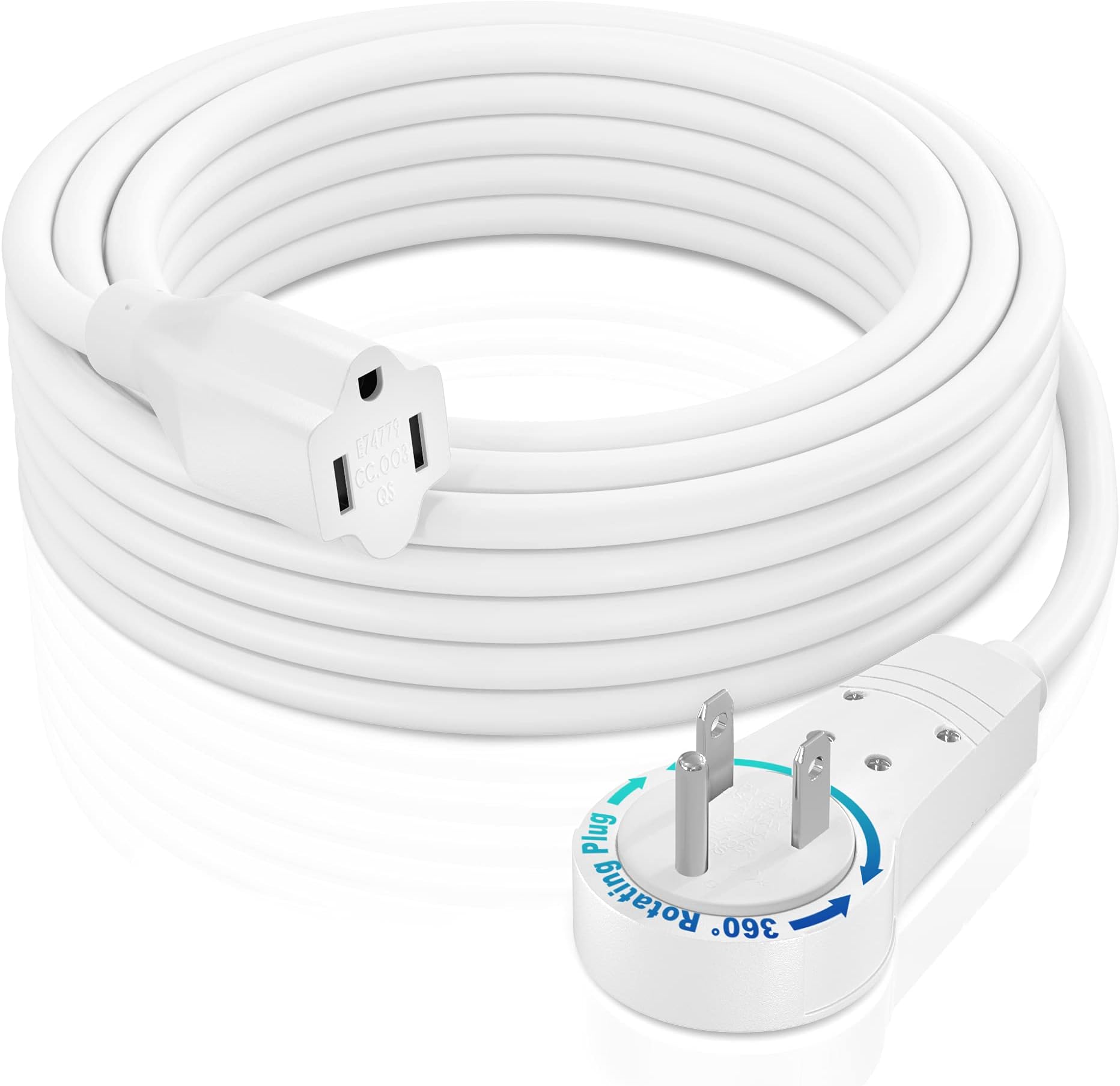 Maximm Extension Cord 15 Foot White Flat Plug, 360° Rotating Short Power Cord Single Outlet, Indoor 16 Gauge 3 Prong Grounded Wire UL Certified (15Ft White)