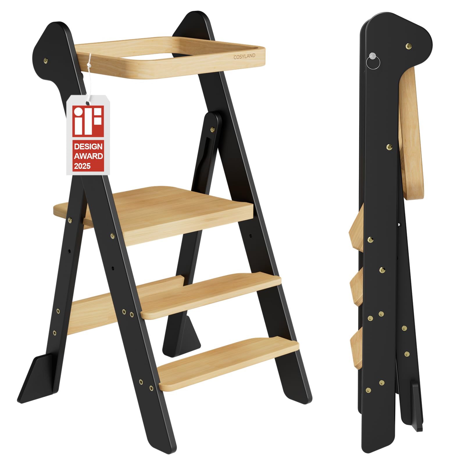 COSYLAND Torre Montessoriana Pieghevole Pre-Assemblata – Torretta Montessoriana Regolabile in Legno, Design Premiato IF, Sicura, Salvaspazio e Adatta ai Bambini 18M-6A (Nero & Naturale)