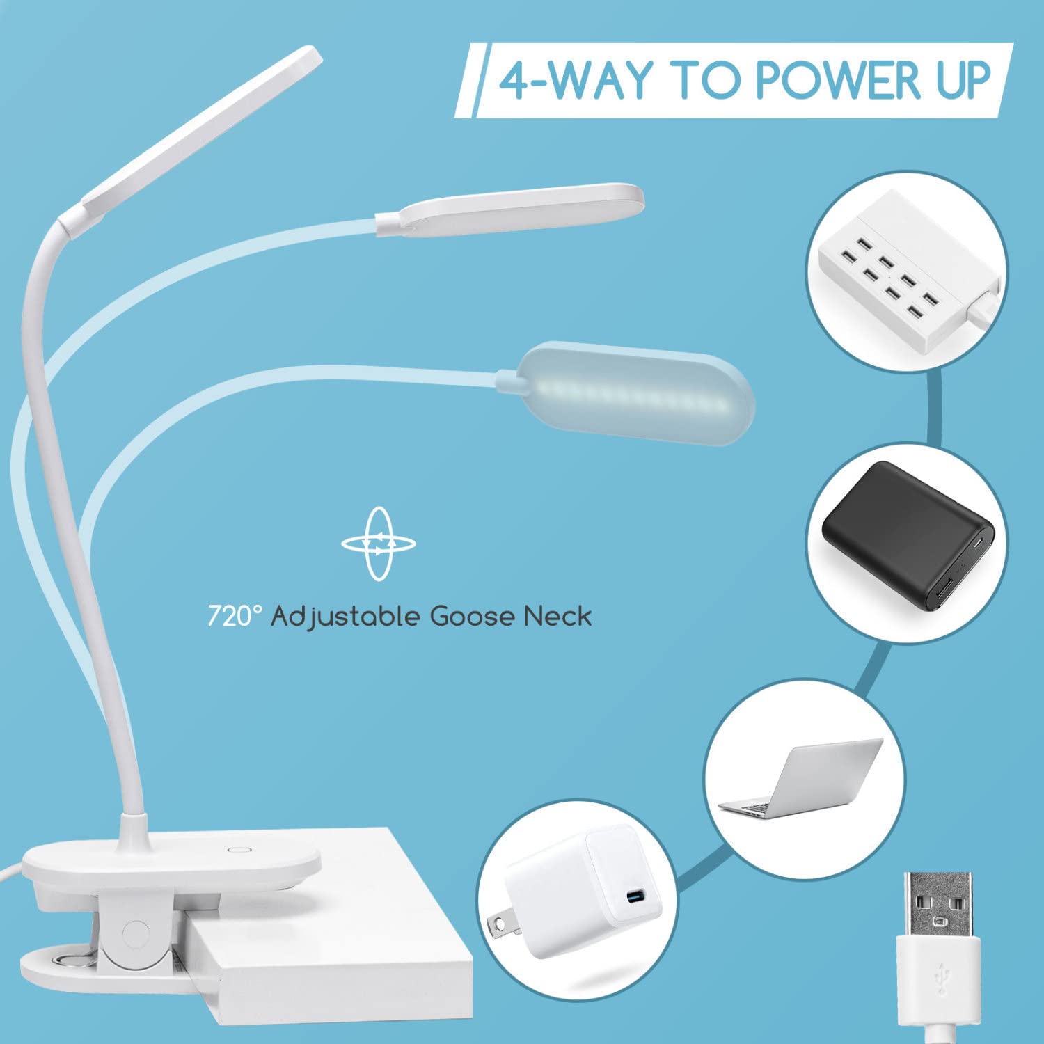 Aigostar Lampa do Czytania z Klipsem - Lampka Nocna LED Zasilana USB (Bez Baterii), 3 Poziomy Jasności, Elastyczne Ramię 360°, Ochrona Oczu 4000K, Idealna do Łóżka i Biurka, Biały