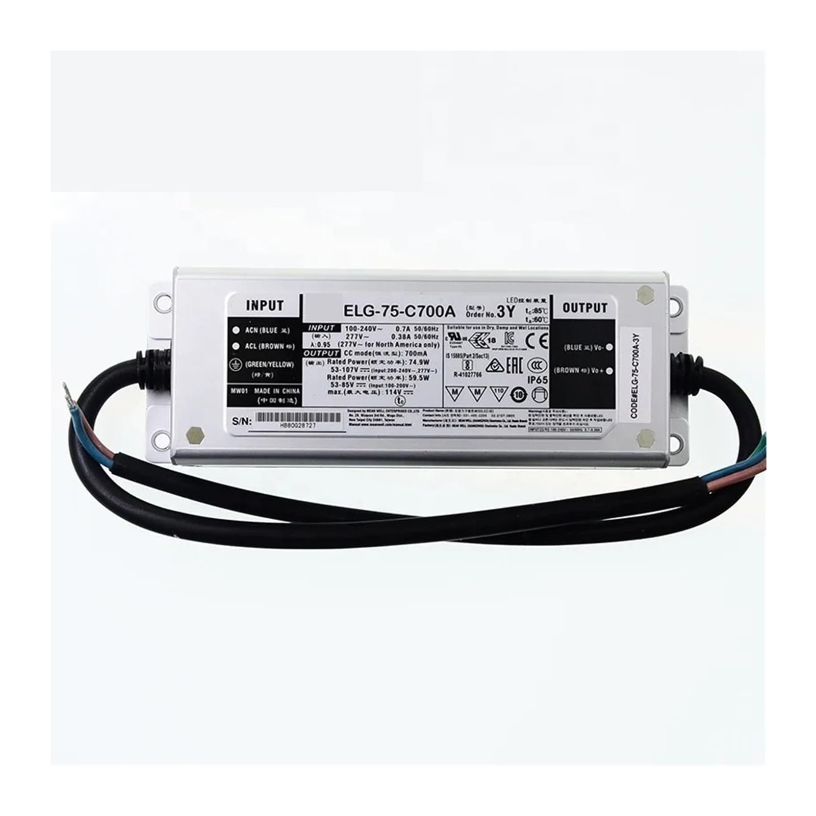 Alimentation LED réglable étanche IP65 ELG-75-C700A-3Y 75W Courant Constant