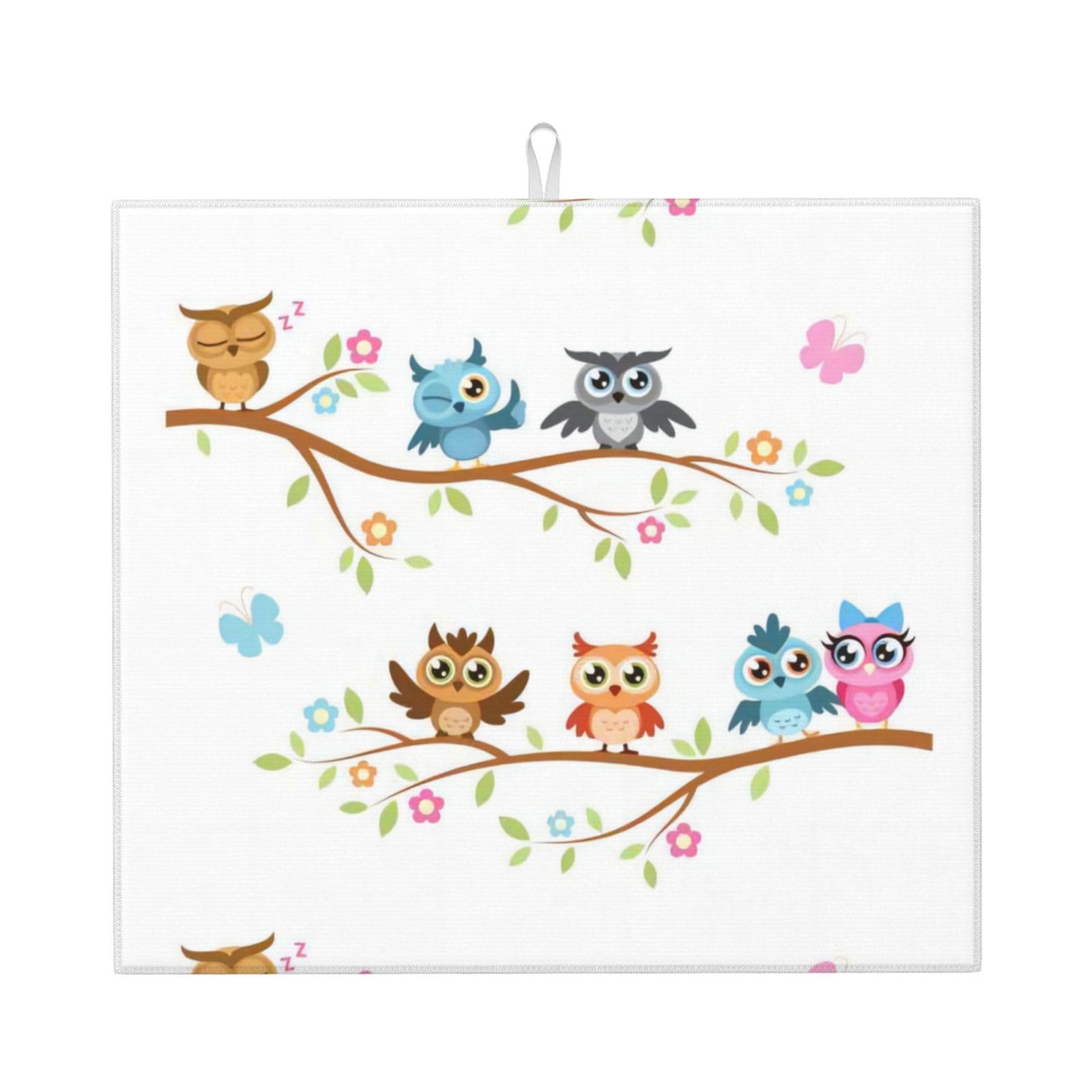 Yyhwhjde Black Owls On A Branch Prints Kitchen Drying Mat – Absorbent Dish Throw For Countertop, Non-Slip Layer With Vibrant Prints, Ideal For Housewarming