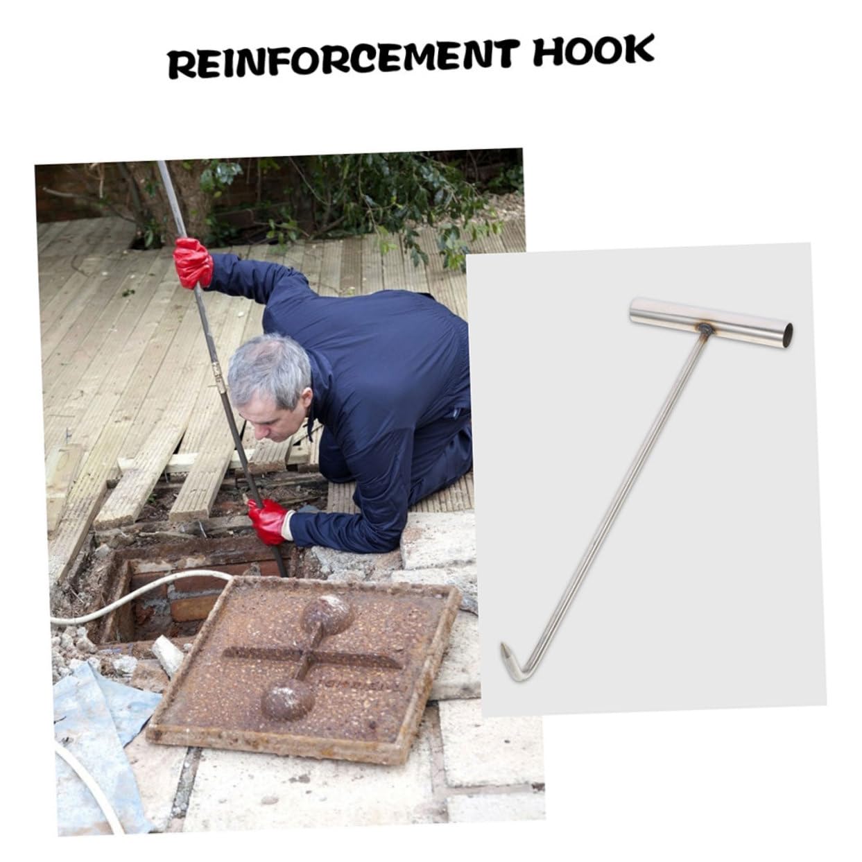 MUCKLILY Manhole Cover Hook Home Security Organization Lifters Hooks Tool Trampoline Hook Puller Manhole Cover Lifter Metal Manhole Lid Hook Manhole Lifting Gadget Stainless Steel Silver