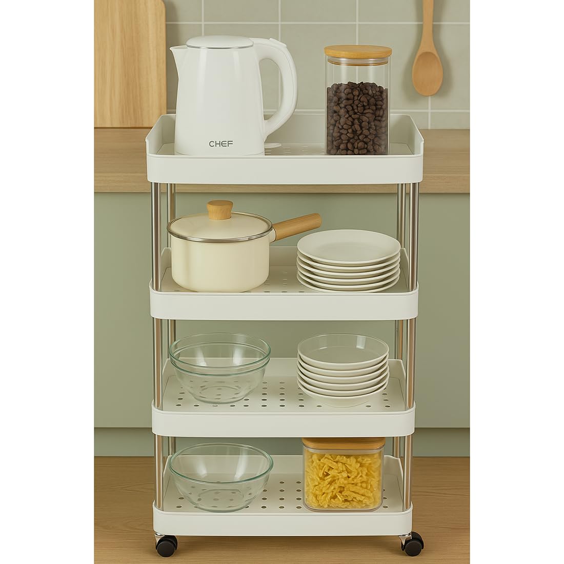 Cortina Heavy Duty Plastic Storage 4 TierShelves for Home Kitchen Garage Bathroom | Multipurpose Tiered Rack Organizer with Wheels | Strong Load-Bearing Modular Storage Unit | 40x12.5x86-image-5