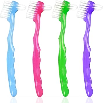 4 Pieces Denture Brush, Small Toothbrush for Dentures, Multi-Layered Bristles Ergonomic Rubber Handle for False Teeth Cleaning