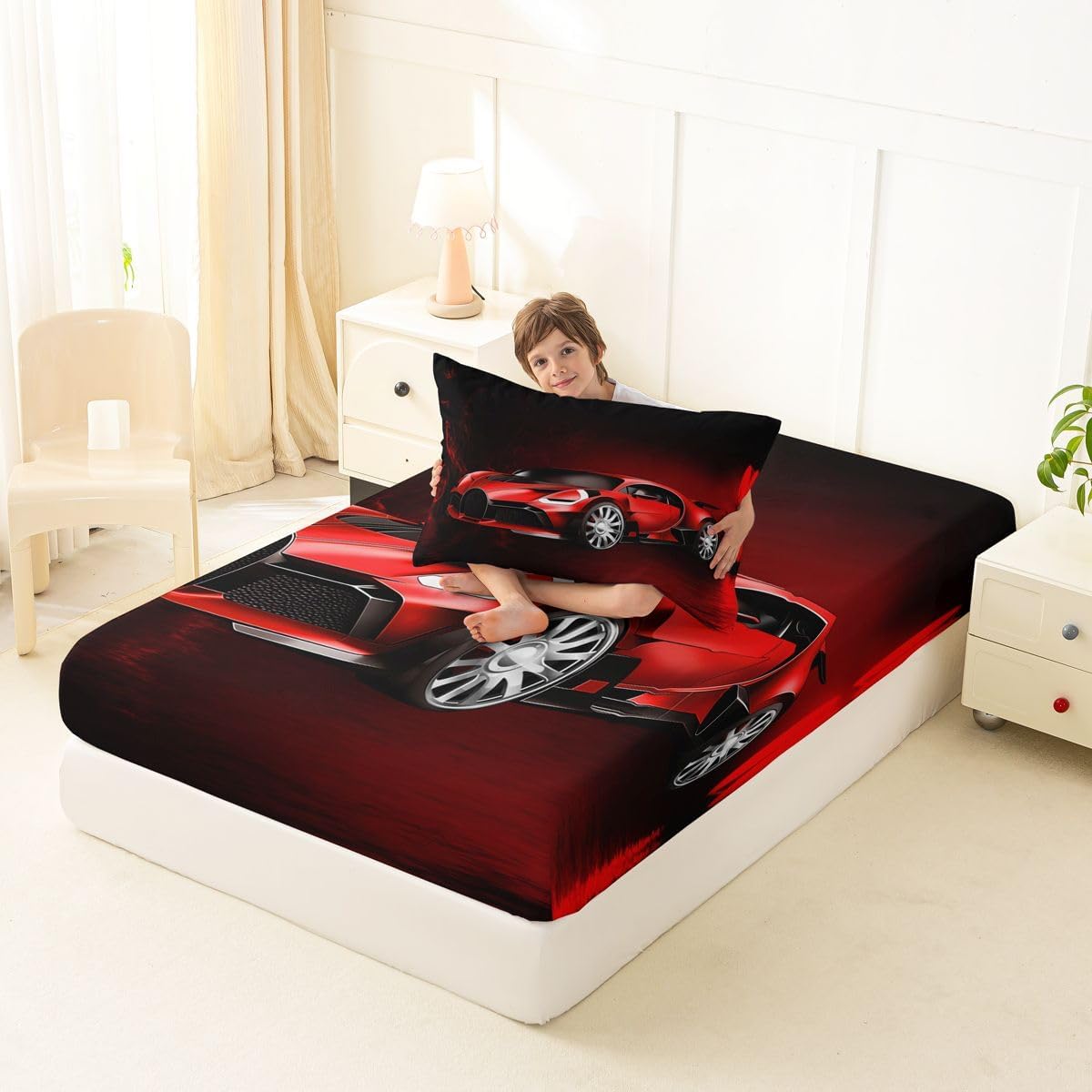 Feelyou Sports Car Sheet Set Red Race Car Bed Sheets Kids Boys Girls Extreme Sports Bed Set Cool Speed Luxury Car Decor Sheets Bedding Twin with 2 Pillowcases 4Pcs Queen Size