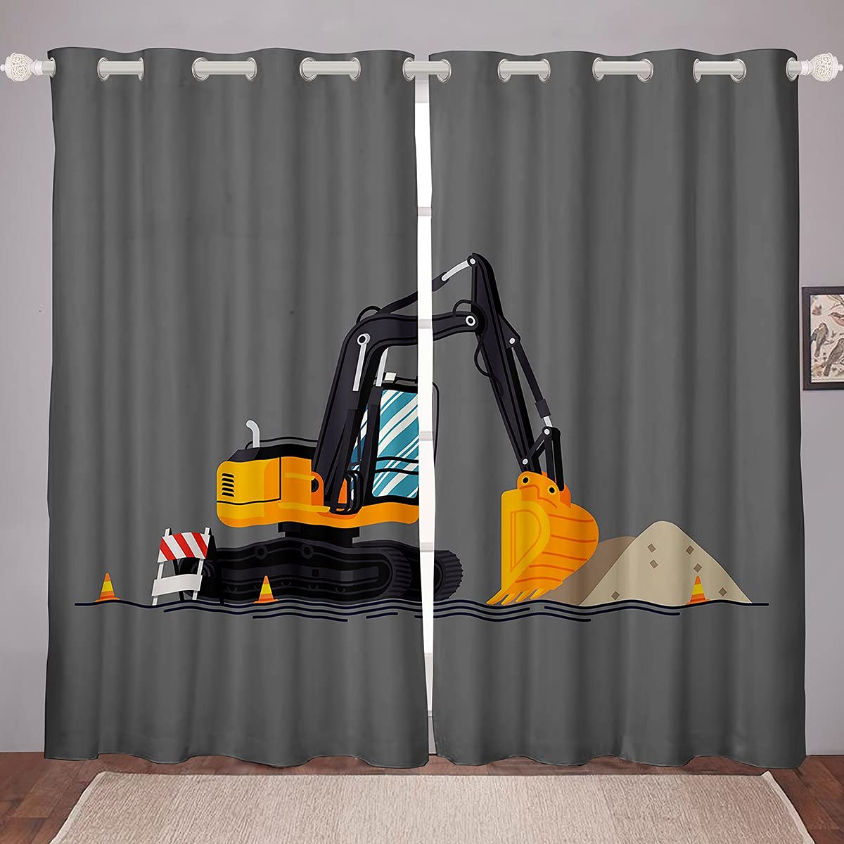 Loussiesd Bagger Vorhänge Kissenbezug Jungen Nette Fahrzeuge LKW Auto Fenstervorhang 175x140cm Kinder Karikatur Maschinen Autos Blickdichte Vorhänge Kinderzimmer Dekor Baustelle