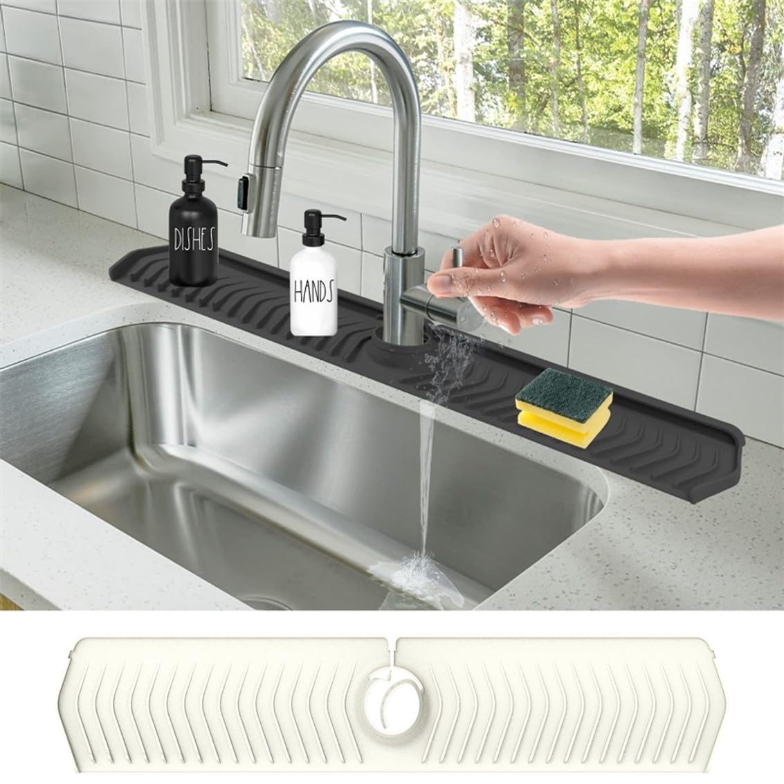 Kitchen Sink Splash Mat Silicone Faucet Handle Drip Catcher Tray Thickness and Slope Upgraded Sink Splash Guard Behind Faucet Protector Mat for Kitchen 30" X 5.7" (Beige)