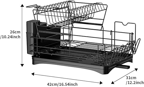 Miniatura 6 de Escurridor de platos para encimera de cocina, escurridor de platos grande de acero inoxidable con escurridor para fregadero, 2 niveles con soporte