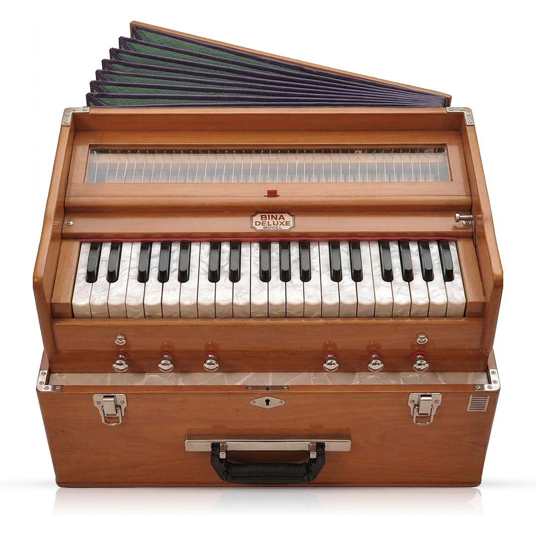 Tragbares Harmonium BINA 23B Faltbarer Safari 3 1/4 Oktaven 6 Stops klassische Holzfarbe, Kupplung, Nylontasche, indisches Musikinstrument, Kirtan 440 Hz