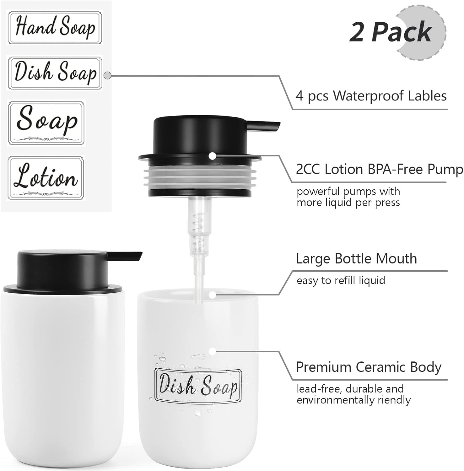 BosilunLife White Soap Dispenser Set - 2 Pack 12oz Ceramic Dish Soap Dispenser with Rust Proof Pump for Kitchen, Hand Soap and Lotion Set Suitable for Farmhouse Bathroom Decor with Waterproof Labels - Image 2