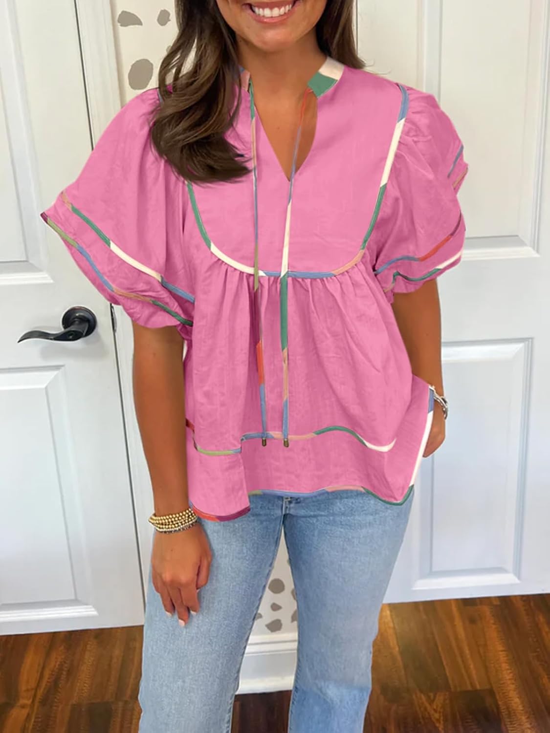 Cicy Bell Womens Summer Babydoll Tops V Neck Short Lantern Sleeve Shirts Cute Loose Fit Peplum Flowy Blouses - Image 5