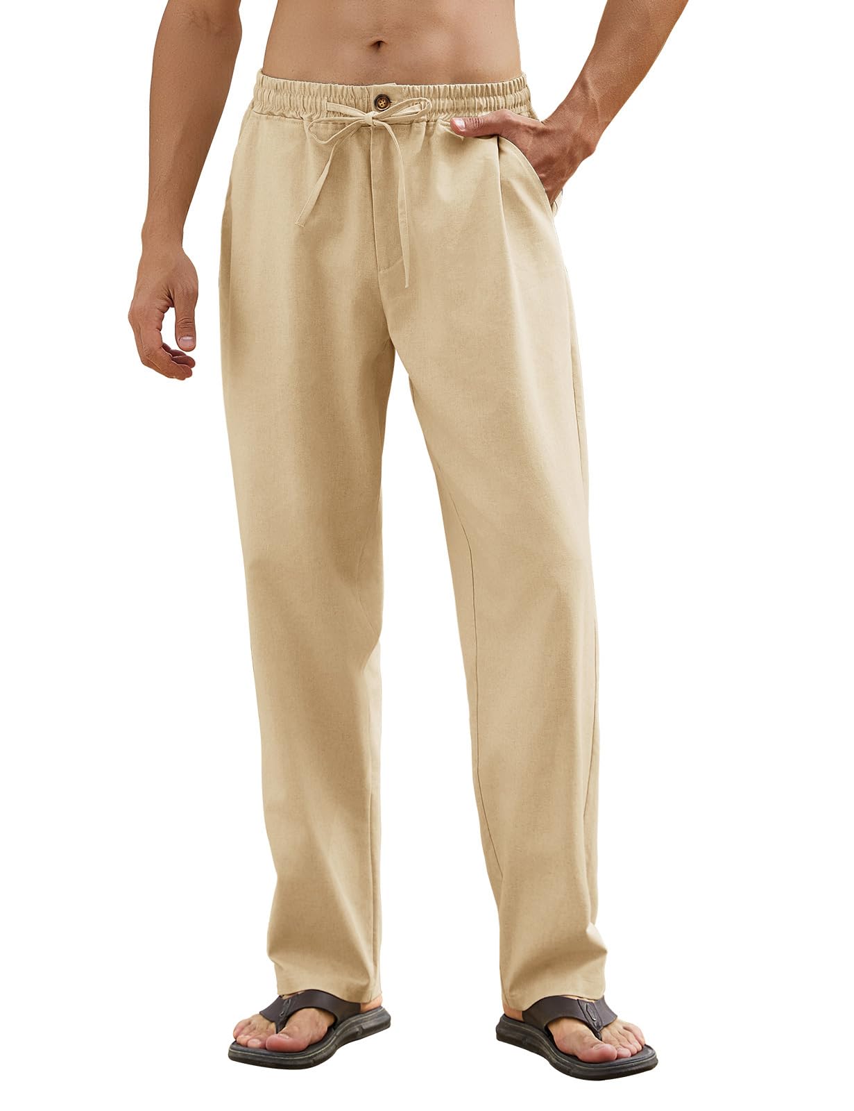 CMTOP Herren Leinenhose Lang Sommer Leicht Loose Fit Hose Einfarbig Freizeithose Elastischer Bund Baumwolle Sommerhose Yoga Urlaub Strandhose mit Kordelzug, Taschen