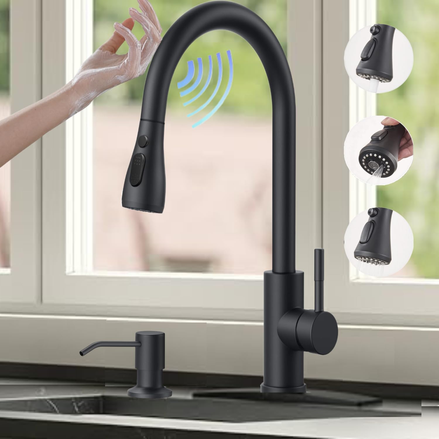 Smart Touch On Kitchen Faucet, 3 Modes Pull Down Sprayer, Sensor Activated, Ceramic Disc Valve, 360-Degree Rotation, 1 or 3 Hole Deck Plate. 10-Year Warranty. (KW-69R, Matt Black)