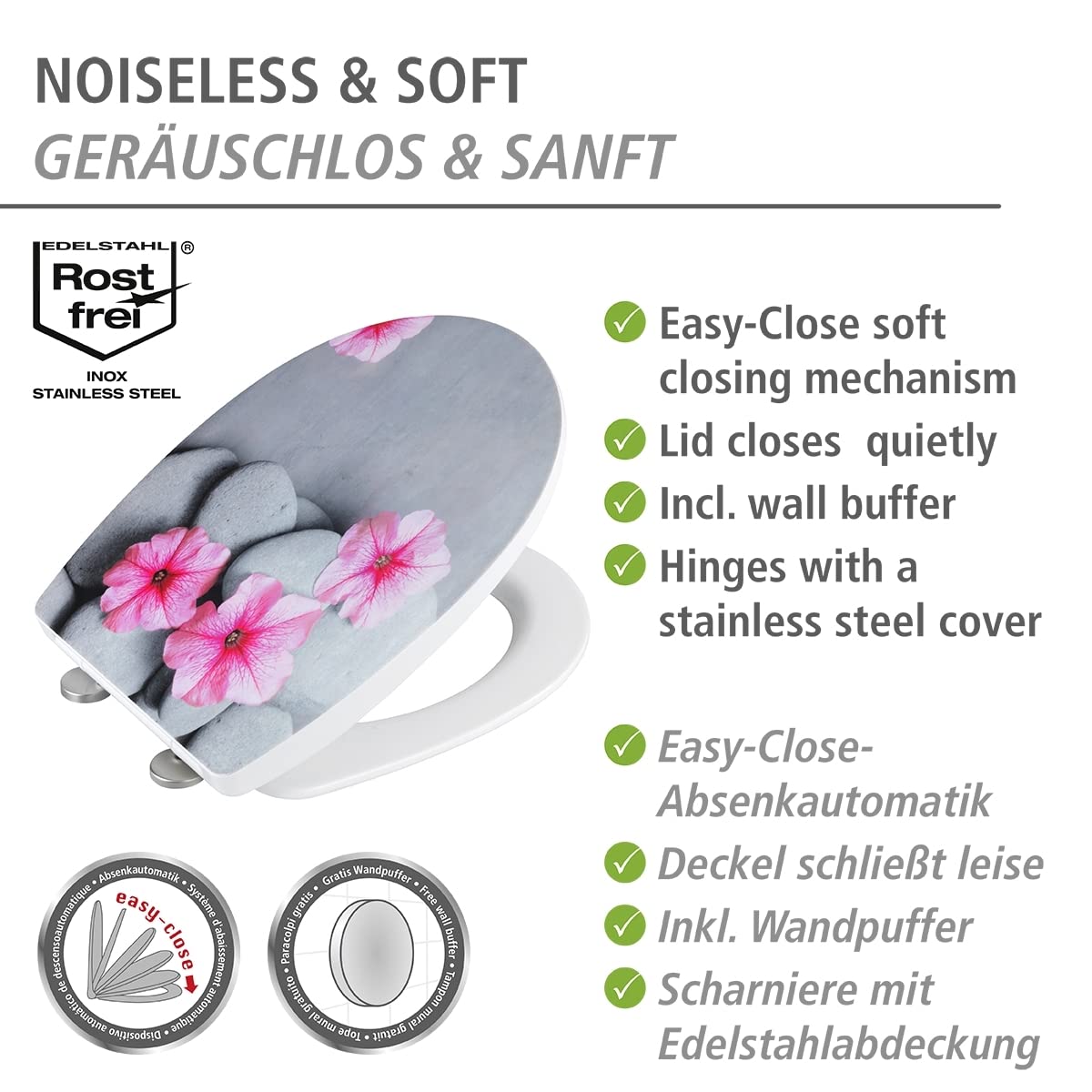 WENKO Wc-bril Natura, hygiënisch toiletdeksel met automatische sluiting, toiletbril van onbreekbaar, antibacterieel duroplast, snelbevestiging van roestvrij staal, 38 x 45 cm, natuurmotief