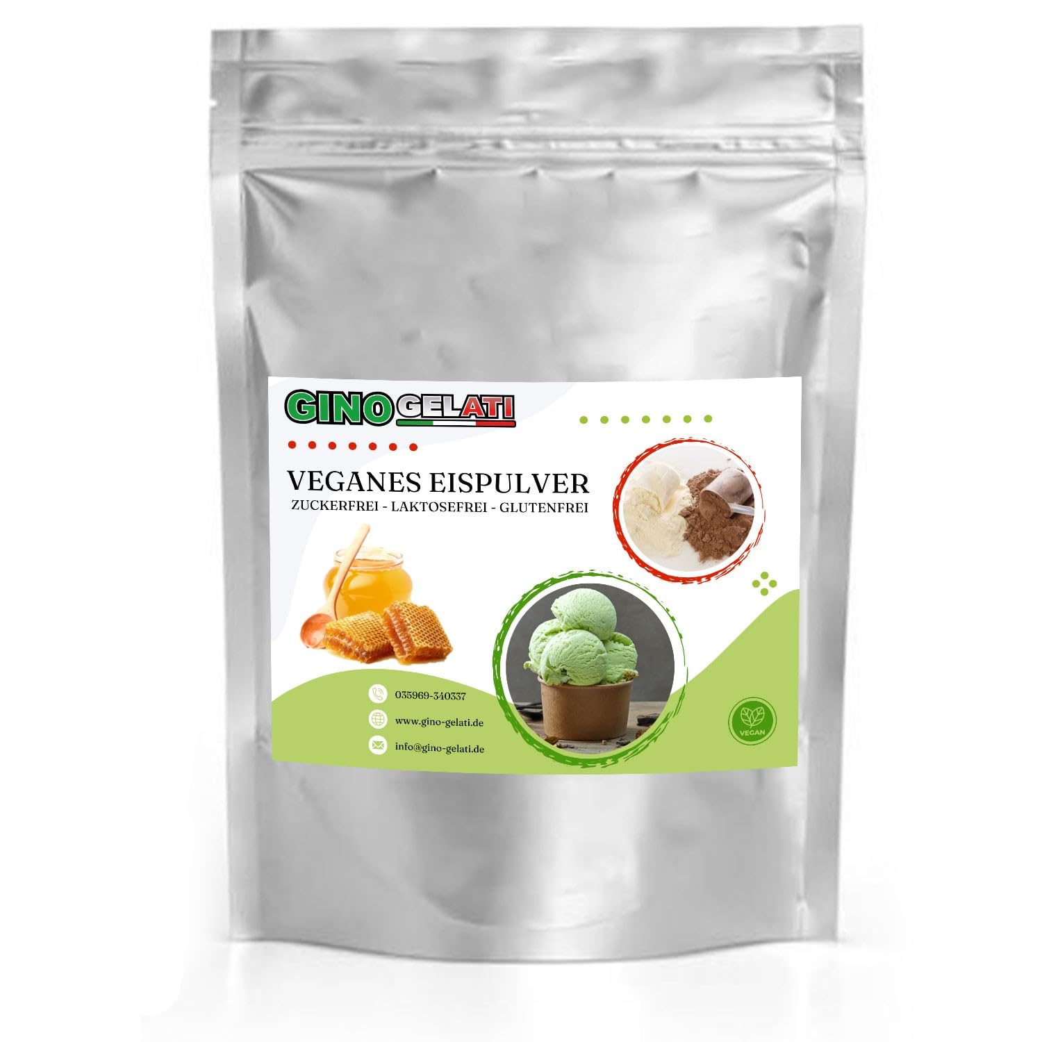 Gino Gelati Joghurt Honig Veganes Eis Pulver 10 Kg Zucker-, laktosefrei, schnelle und einfache Zubereitung, mit natürlichem Aroma, Eispulver für Veganer geeignet, GMO-Frei