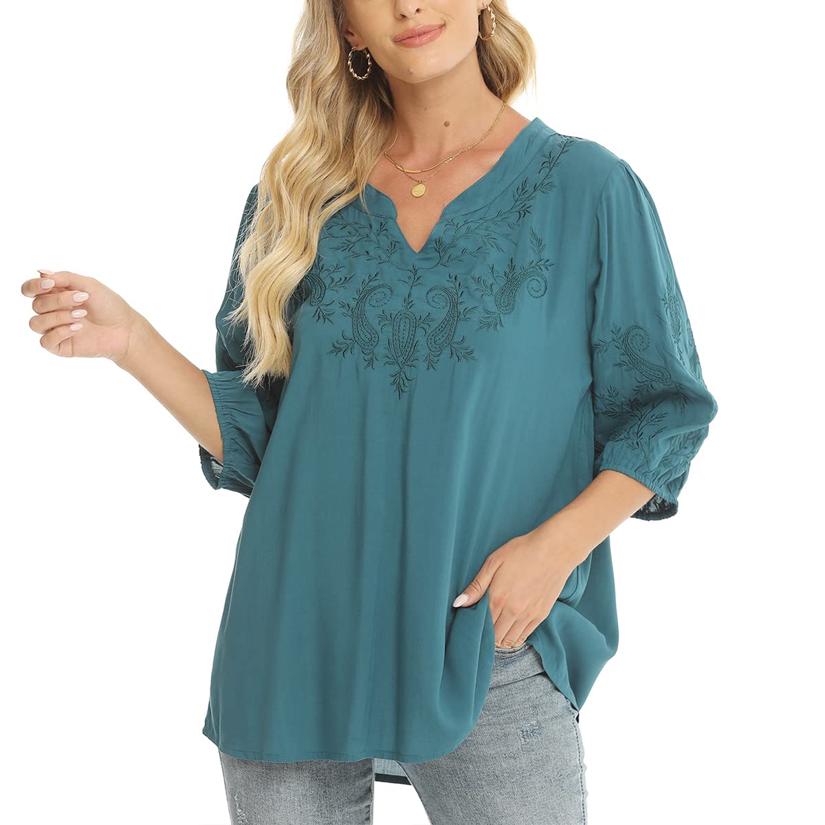 LauraKlein Blusas de verano para las mujeres Boho camisa blanca manga 3/4 bordado Top para Mexicano Floral Western wear, Azul / Patchwork, Small