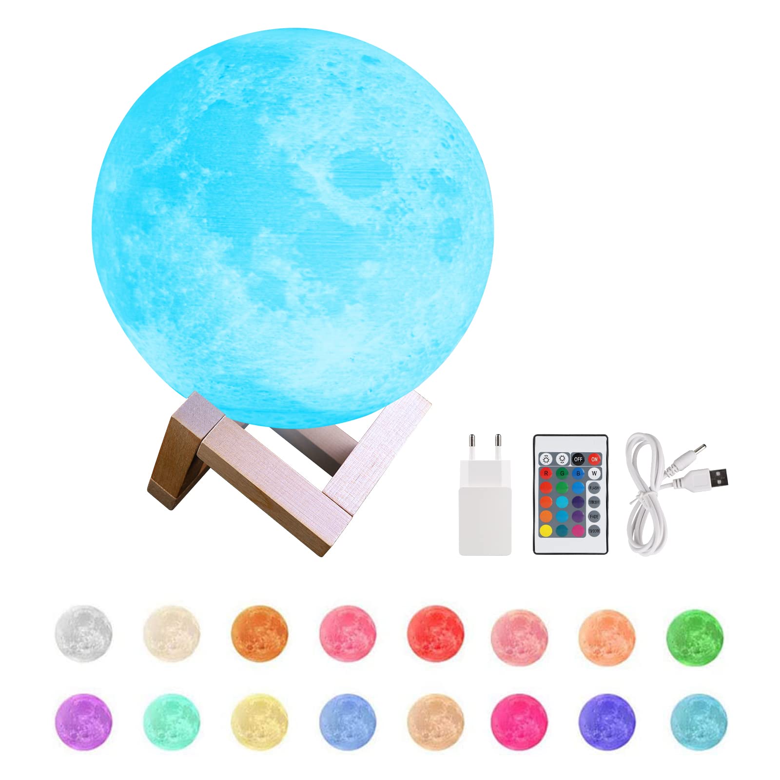 CPROSP Lampada Luna 3D Stampa 20cm 16 Colori RGB Telecomando Dimmerabile con Toccare il Controllo USB Ricaricabile Luce Notturna con adattatore di alimentazione [Classe di efficienza energetica A+]