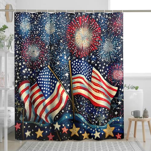 Cortina de ducha con diseño de fuegos artificiales del 4 de julio, cortinas de ducha del Día de la Independencia de Estados Unidos para baño, juego de accesorios de decoración de baño con estampado de