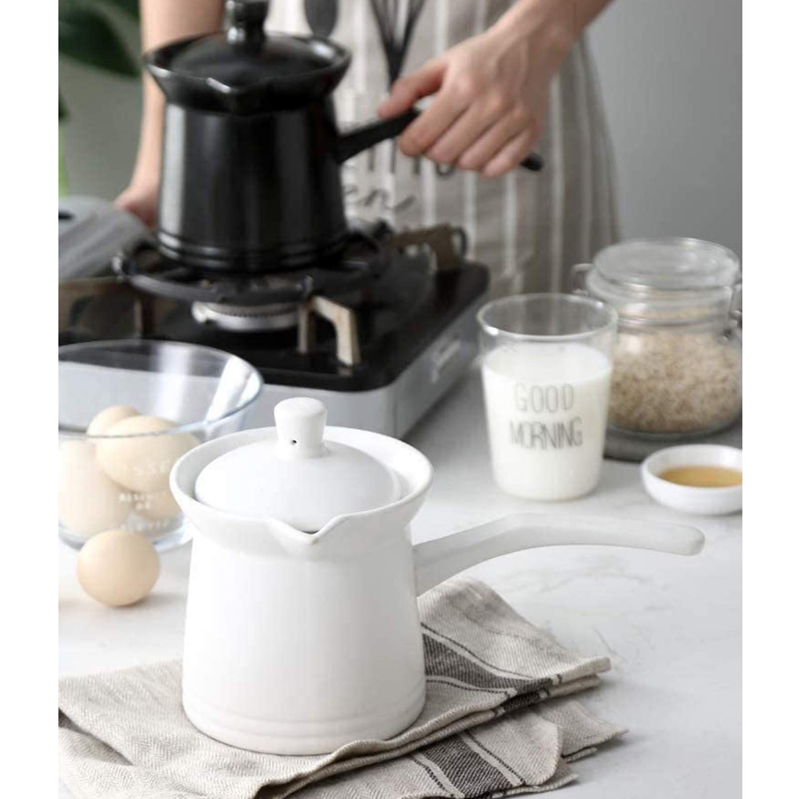 CIRONI Pentola per Latte Antiaderente, brocca per Latte in Ceramica, casseruola per caffè riscaldata per Colazione, pentola per stufato con Coperchio, casseruola da 1 litro per Alimenti per Bambini
