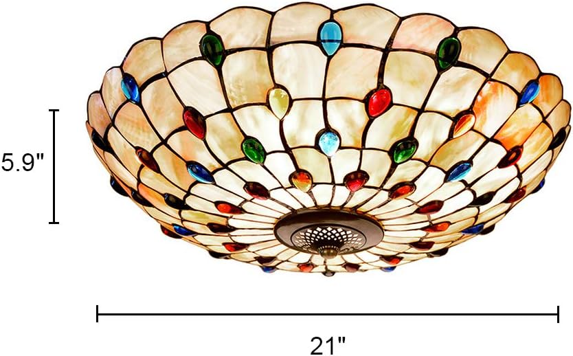 Tiffany Ceiling Light, Hand-Made Beige Shell Hanging Lamp with Colored Jewels Glass Shade 4 Lights Flush Mount Ceiling Light Fixture