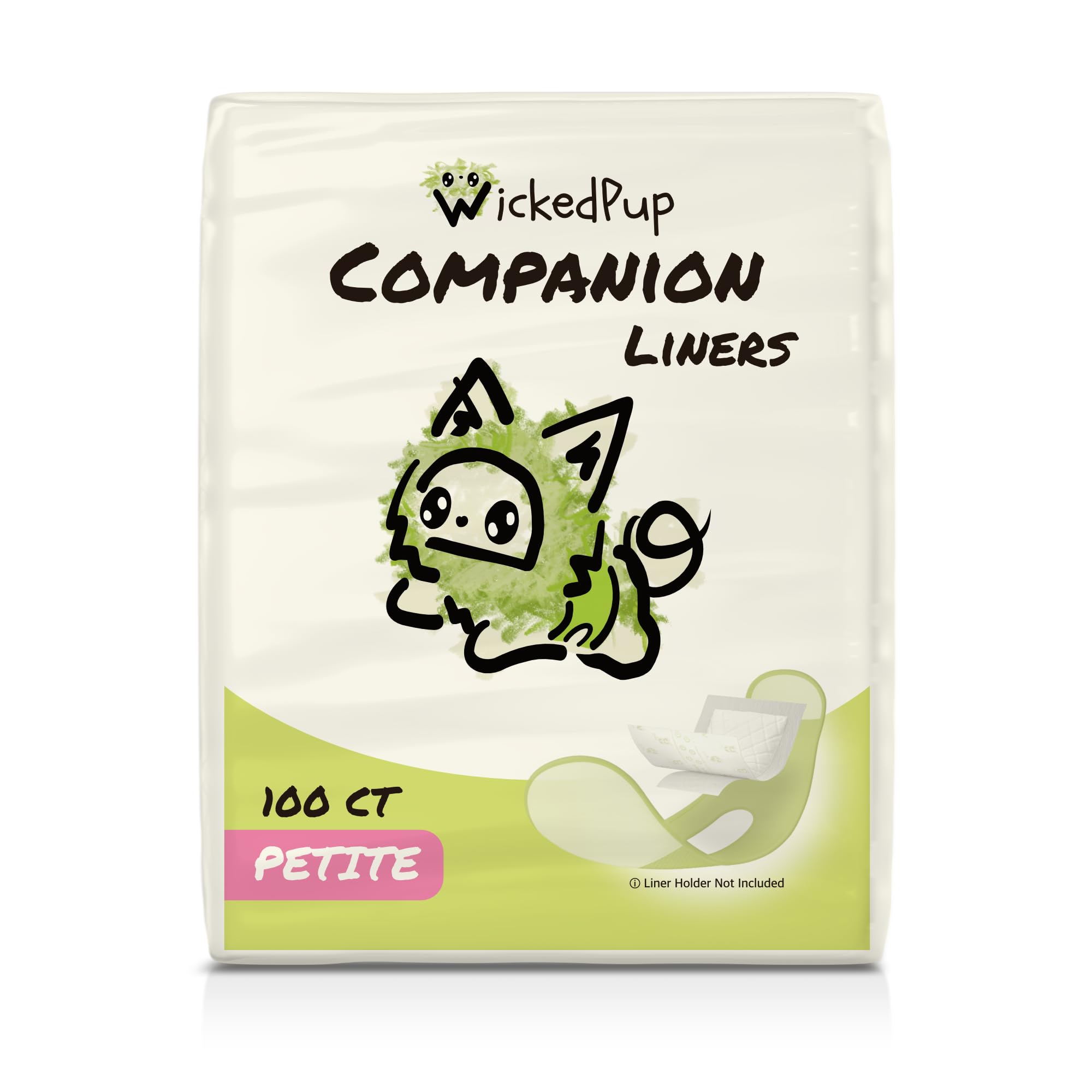 WICKEDPUP Dog Diaper Liners Booster Pads for Male and Female Dogs, 100ct | Disposable Diaper Inserts fit Most Reusable Pet Belly Bands, Wraps, and Washable Period Panties (Petite (100 Count))