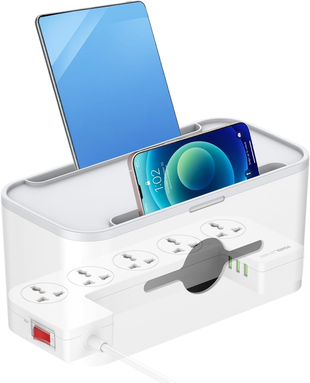 2 in 1 Power Strip with Cable Management Box, 5 Universal Power Sockets, 3 USB Ports And 2m Extensions Cord RemoveClutter from your Desktop.