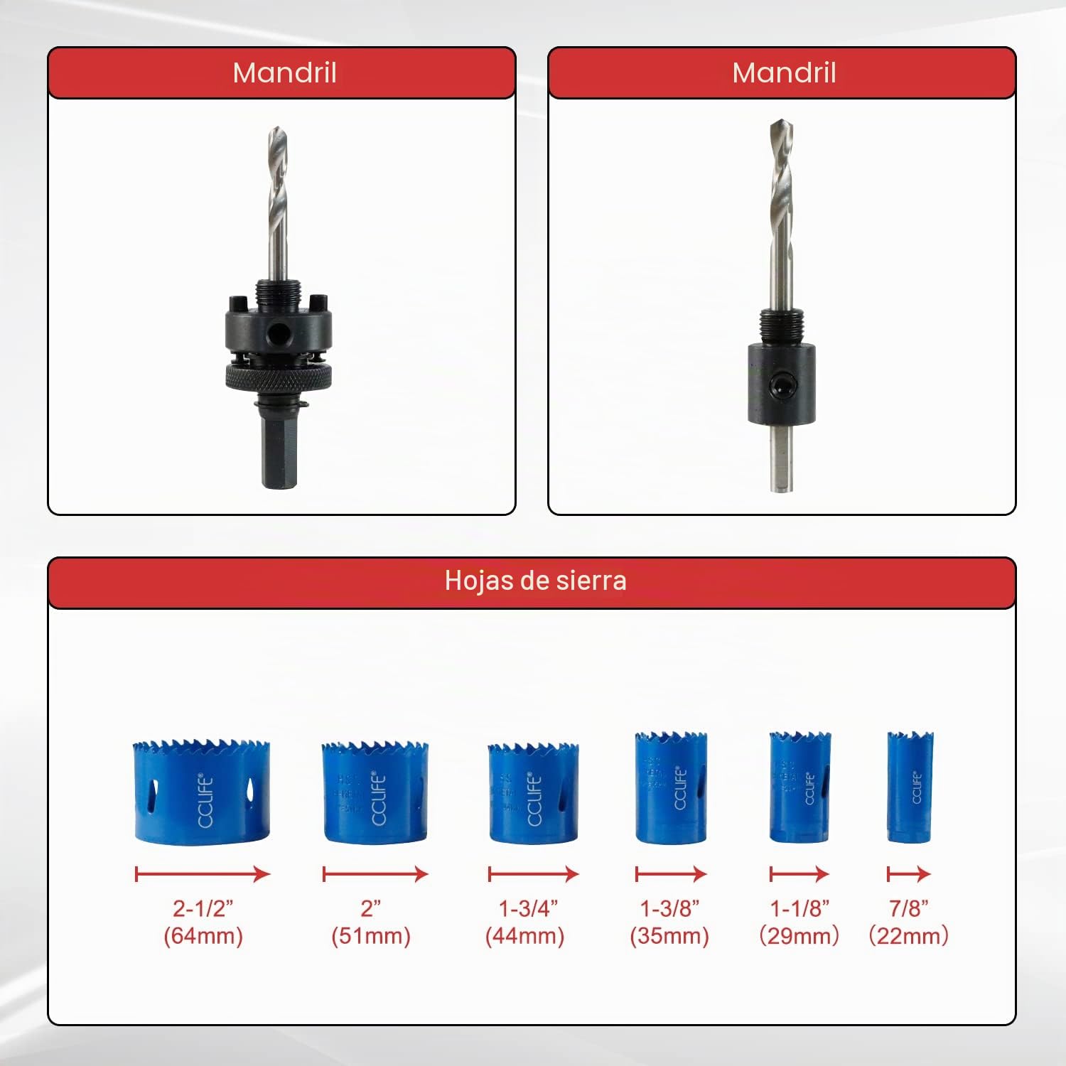CCLIFE Juego de sierra perforadora bimetálica, 8 piezas, bimetal M3 HSS-CO, diámetro de 22 – 64 mm, profundidad de corte 38 mm, para taladrar acero inoxidable, metal ligero, madera, PVC, plástico, etc