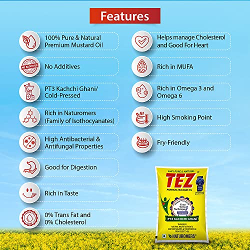 Image of Tez Premium Mustard Oil - 1 Litre Pouch, PT3 Kacchi Ghani Sarson Oil, 100% Pure & Natural, No Artifical Flavours & Preservatives, Has Natural Zing, Good For Heart (Pack of 2)