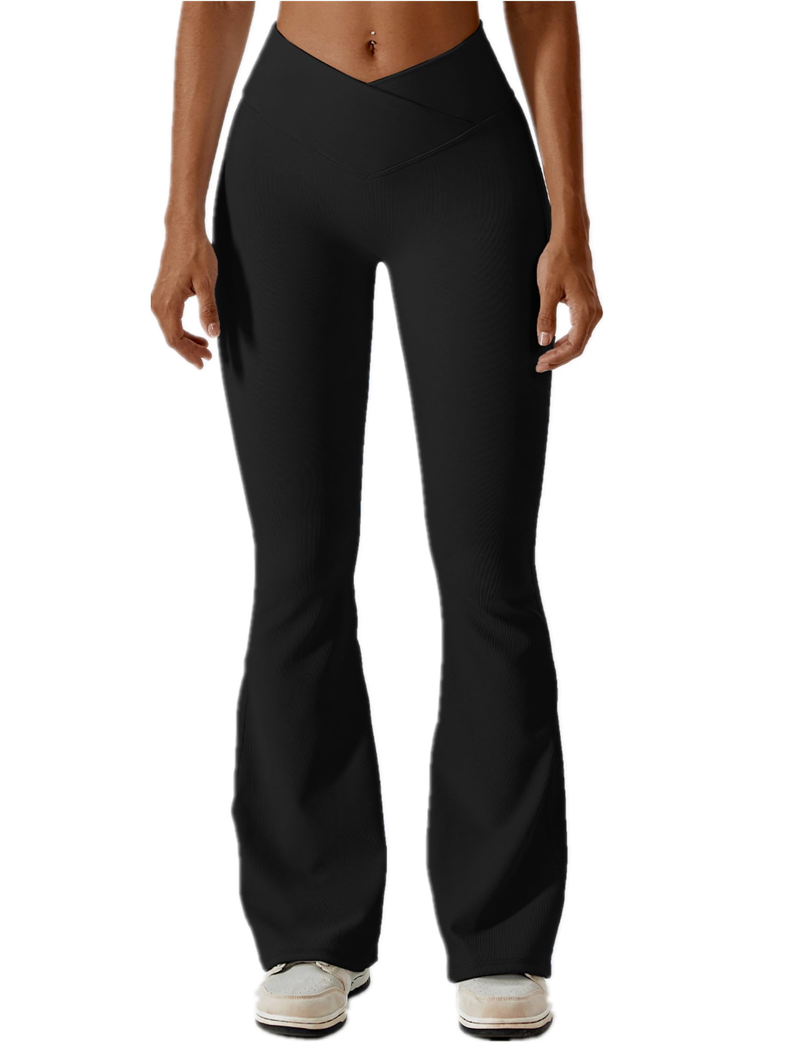 ABOCIWWomens Crossover Ribbed Flare Leggings High Waisted Bootcut Yoga Pants Tummy Control Gym Workout Gym Leggings