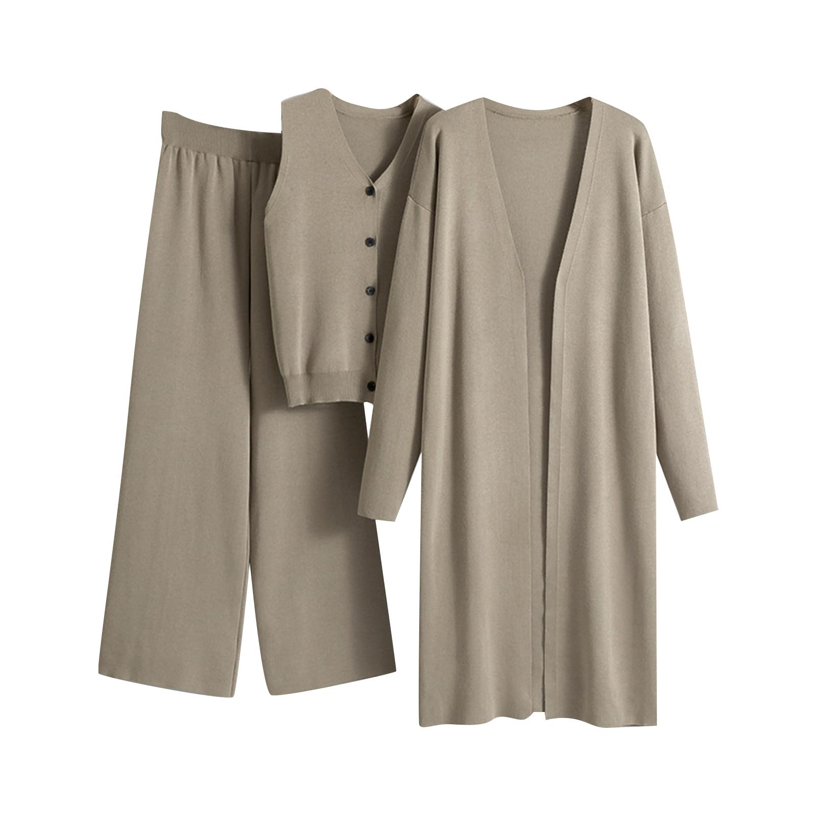 2025 Conjunto de punto para mujer elegante de 3 piezas de lana, puño elástico, jerséis de manga larga y pantalón de cintura ancha, mono de otoño e invierno conjunto de ropa holgada con