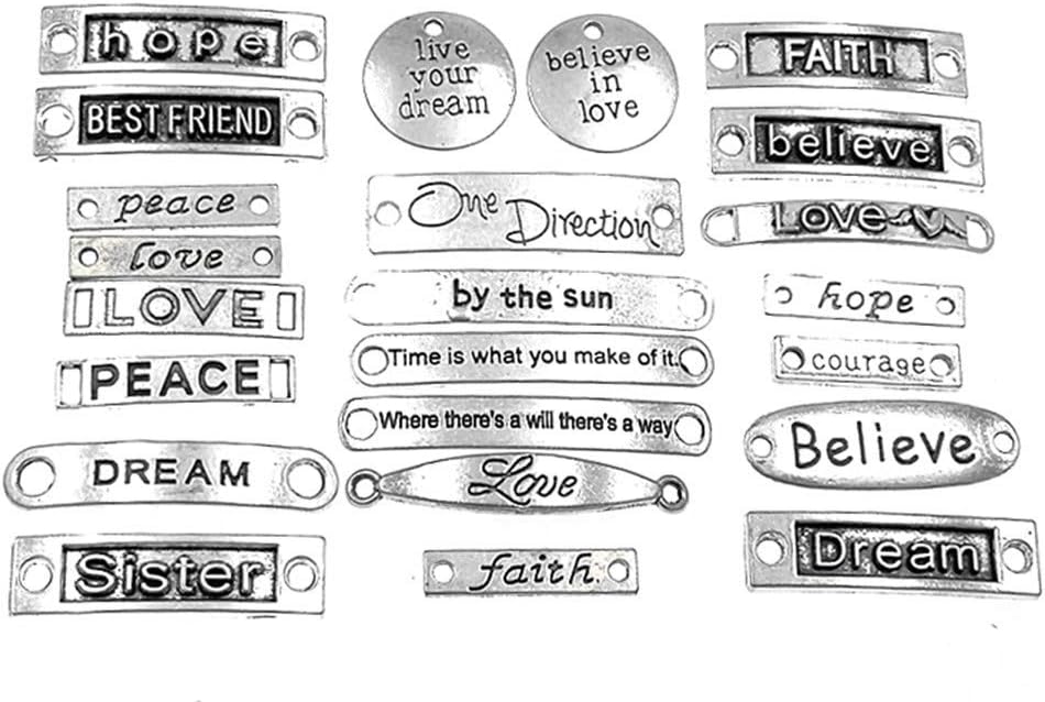 Inspiration Words Lettering Charm Pendant Connector Bracelet Bead Linker Charm for DIY Jewelry Making(23pcs,Antique Silver Tone)