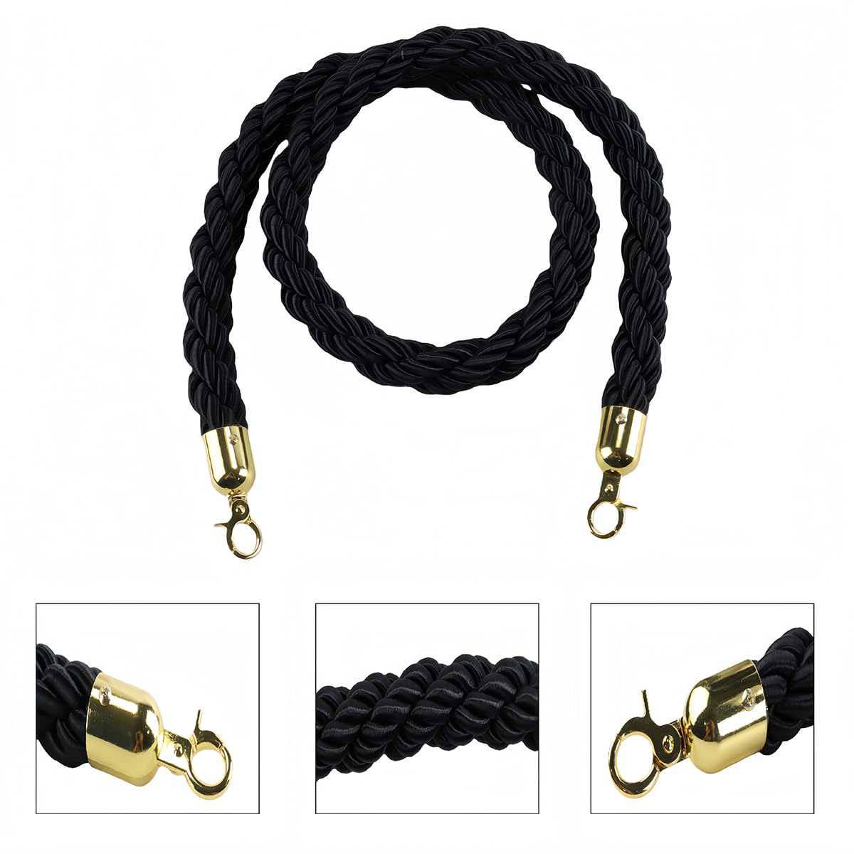 Paquete de 2 cuerdas de soporte negras de 1,5 m (5 pies) con mosquetones para postes y barreras de control de colas y multitudes.