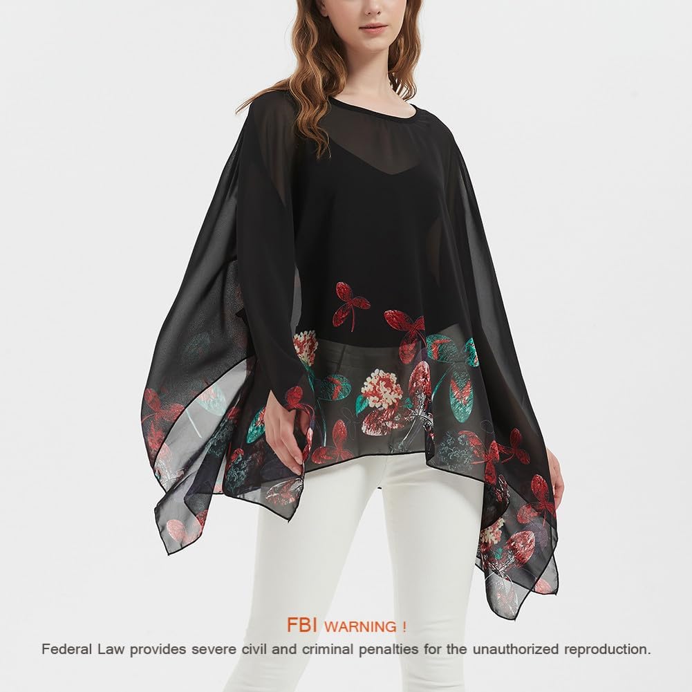 Max Hsuan Women's Loose Solid Sheer Chiffon Caftan Poncho Batwing Tunic Top Blouse Summer Oversized Shirts - Image 3