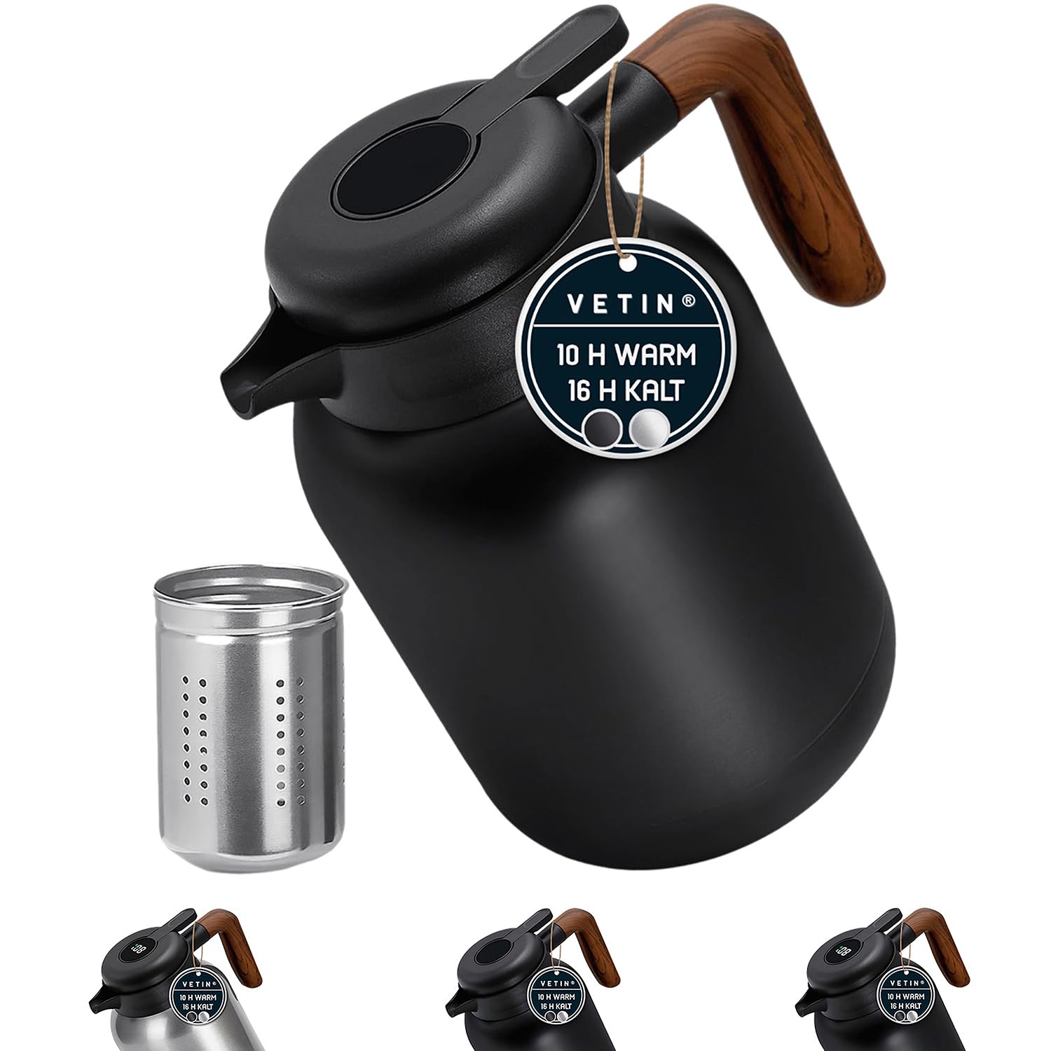 VETIN Termo con colador de té de 1,5 l de acero inoxidable 316, jarra térmica