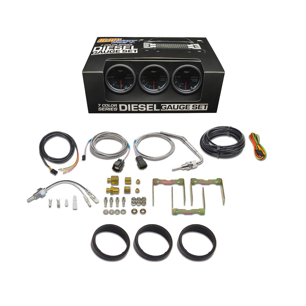 GlowShift Tinted 7 Color Diesel Truck 3 Gauge Kit Set - 60 PSI Boost - 2400 F Pyrometer Exhaust Gas Temp EGT - Transmission Temperature - Black Dial -