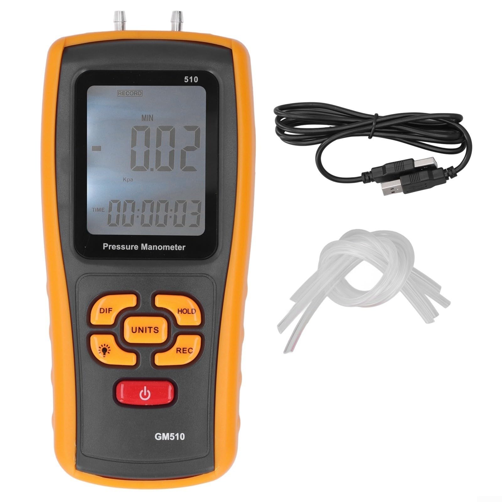 GM510 Digitales Differenzdruckmessgerät Mit USB, LCD-Hintergrundbeleuchtung ±10kPa Messbereich 0,5S Reaktionszeit Für Lüfter Für Druck, Filterwiderstand Kessel Für Druck Und Medizinische Geräte