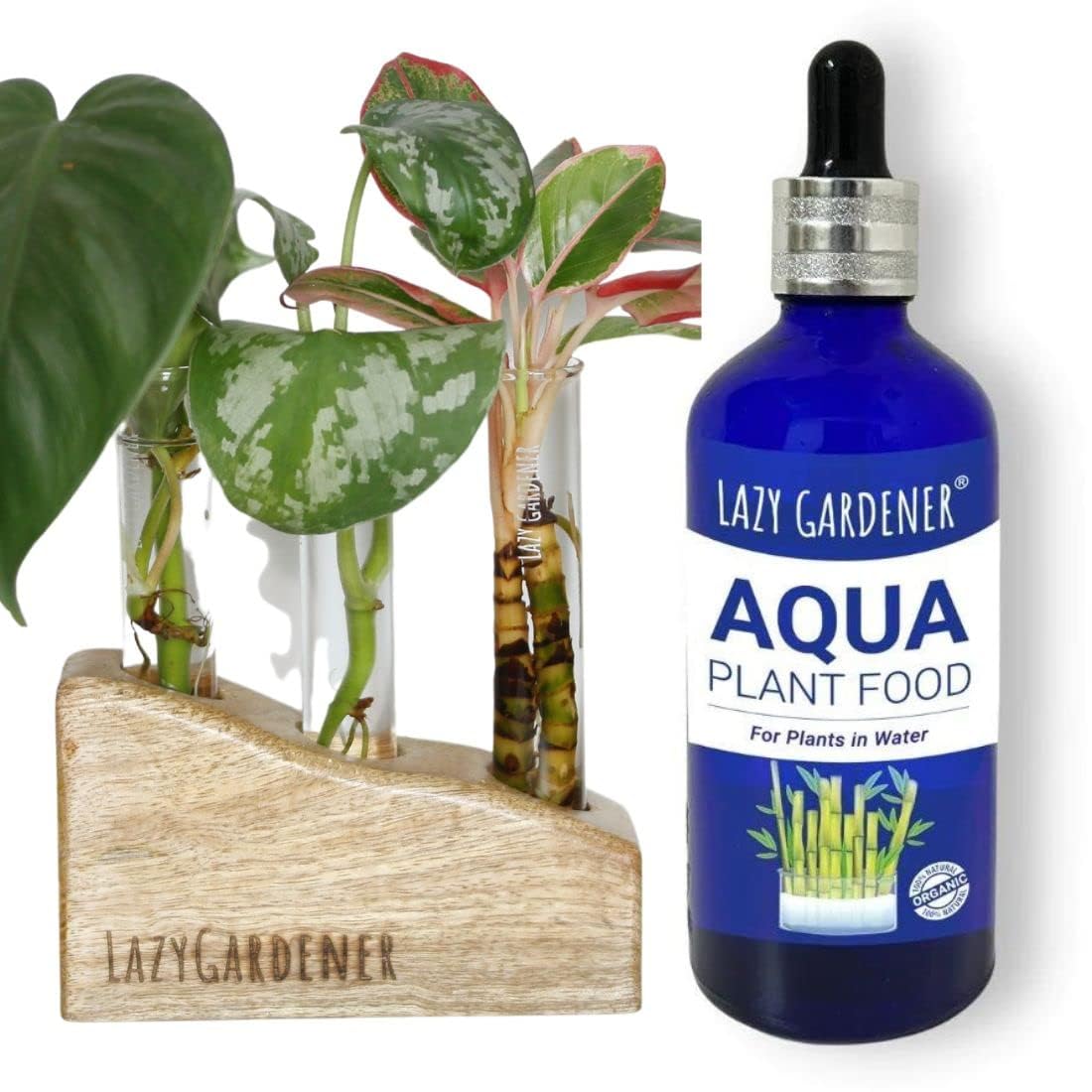 Lazy Gardener Wooden Test Tube Planter Wall Mount | Hydroponics Glass Planter with Wooden Stand | Aqua Plant Food Liquid Fertilizer for Money Plants & Lucky Bamboo (B08L3W4C1C) Amazon Price History, Amazon Price Tracker
