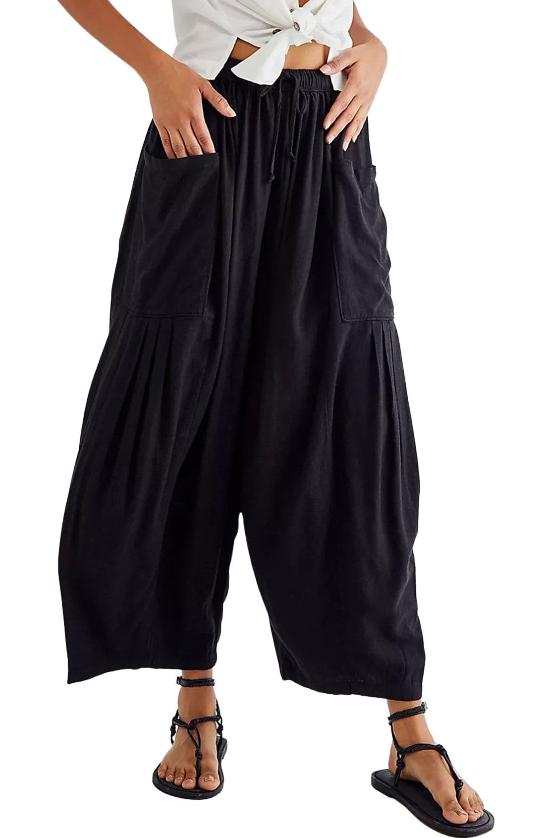 CHARTOU Women Casual Elastic Waist Cargo Harem Pants Capris Ruffle Cropped Lantern Pants Summer Culottes. size L