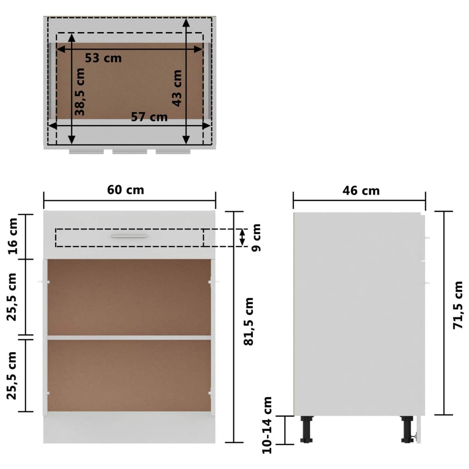 Schubunterschrank, Küchenunterschrank, Küchenschränke, Küchenmöbel, Unterschrank, Kitchen Furniture, Weiß 60x46x81,5 cm Spanplatte
