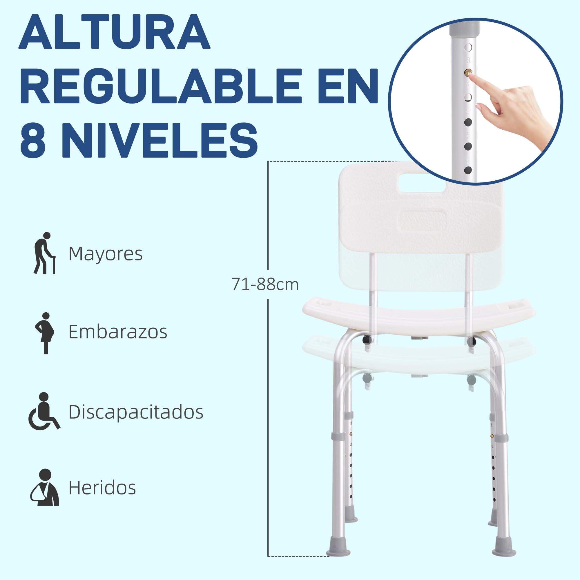 HOMCOM Silla para Ducha Personas Mayores Taburete de Ducha con Altura Ajustable en 8 Niveles Respaldo y Alfombrillas Antideslizante Ayuda para Baño para Ancianos y Discapacitados