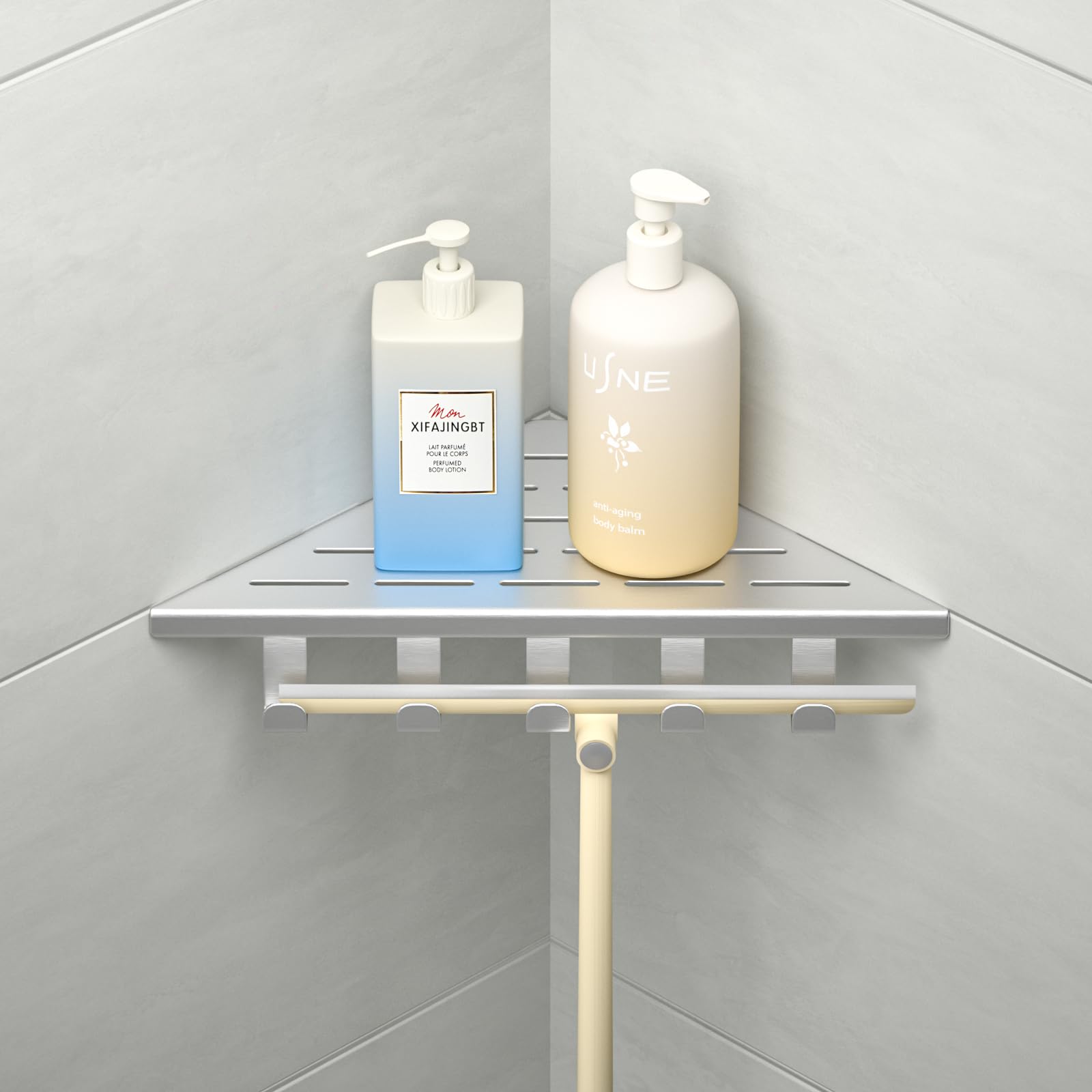 Etagere Douche Angle Lot de 2, étagère de Douche en Coin avec Crochets d'angle en Acier Inoxydable 304, Etagere Angle Salle de Bain 254mm, pour Mur carrelé, sans perçage, Brossé