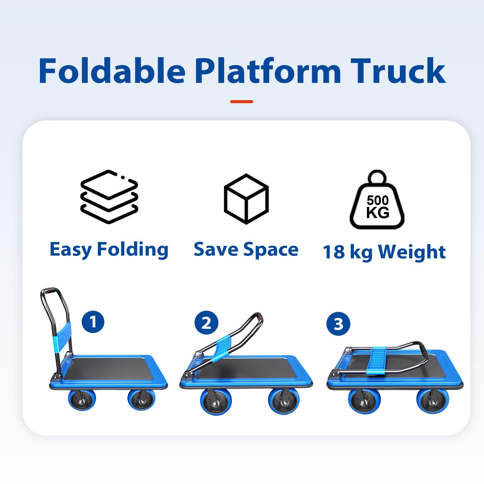 Klappbar Stahl-Plattformwagen 500kg Tragfähigkeit 20cm TPR-Räder 3-Sekunden-Faltung | Transportwagen für Lager, Haushalte & Gewerbe, Blau