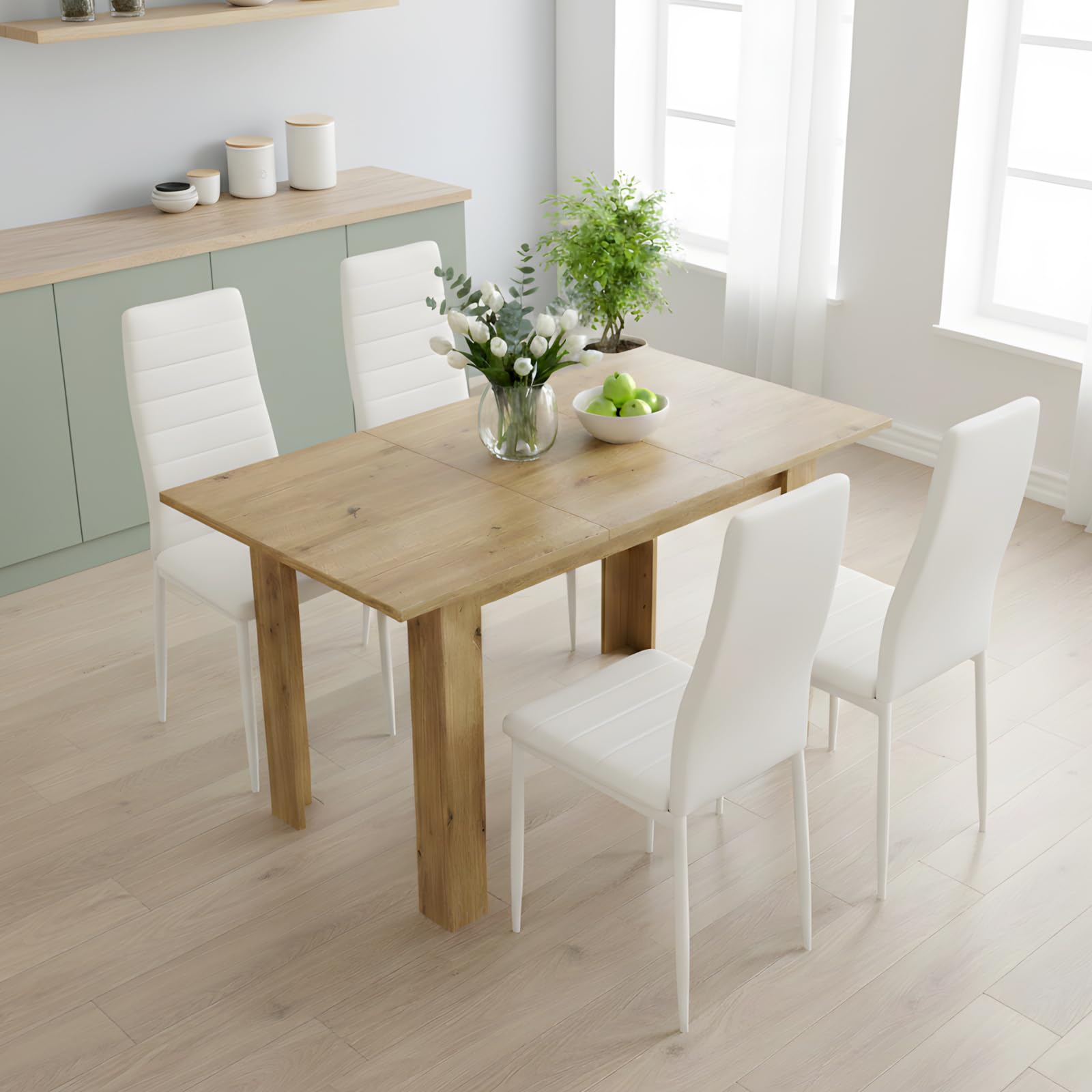 Set tavolo da pranzo allungabile 90-125 cm con 4 sedie, set tavolo e sedie in similpelle, risparmio di spazio, per piccolo spazio cucina, sala da pranzo e soggiorno (rovere + bianco)